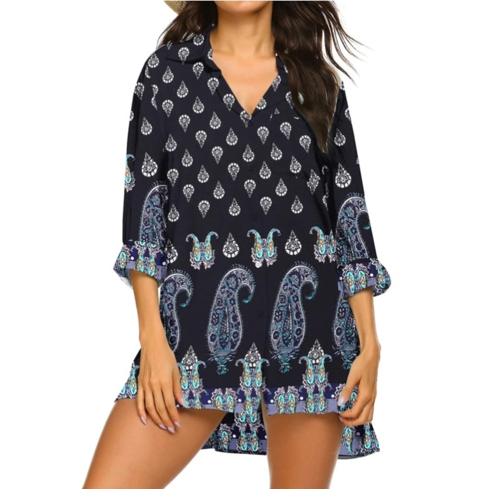 Ekouaer‎ Boho Paisley Tunic Dress Size M Navy Blue Rayon Beach Cover Up